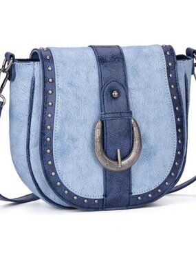 Montana West Western Buckle Studded Saddle Crossbody Bag - Jean